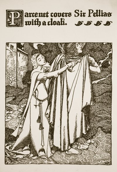 Parcenet covers Sir Pellias with a cloak, illustration from 